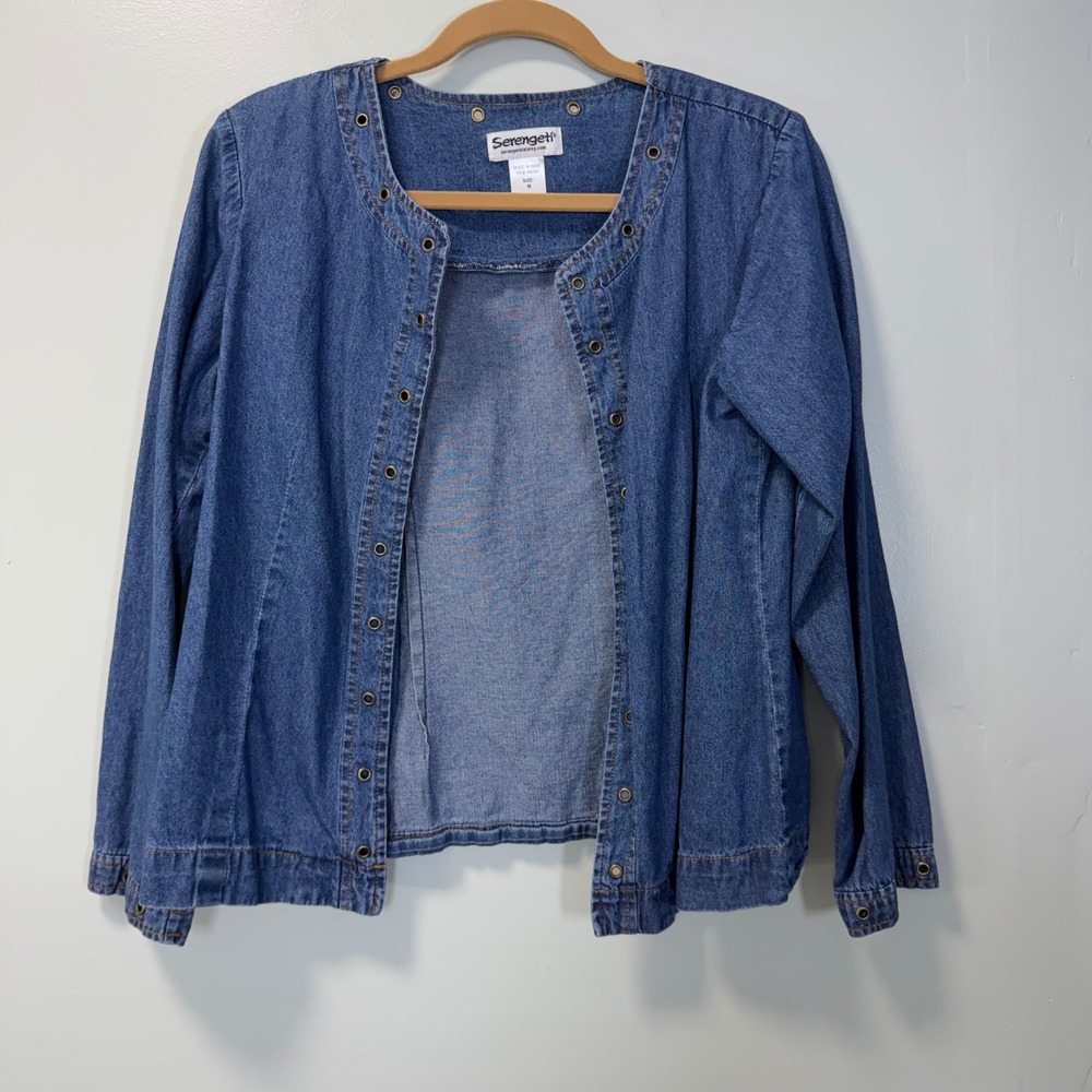 Vintage Serengeti Denim Jacket Medium Blue Cotton Grommet Detail Open Front M